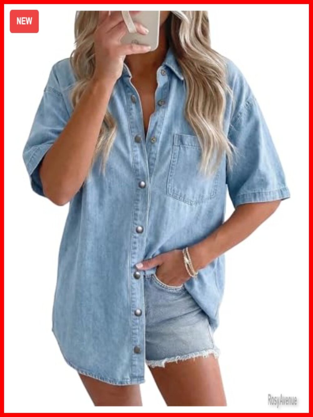Women's Oversized Short Sleeve Denim Shirt Buttons Up Blouse Jean Top
